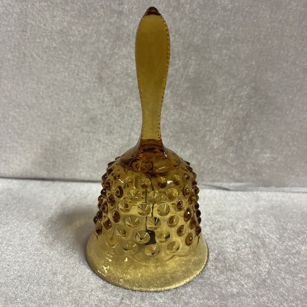 Vintage Honey Amber Hobnail Art Glass Bell with Notched Handle